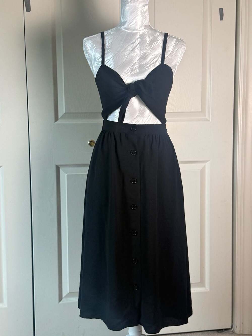Black Tie Front Cutout Button Midi Dress Smocked Back Sleeveless Size S